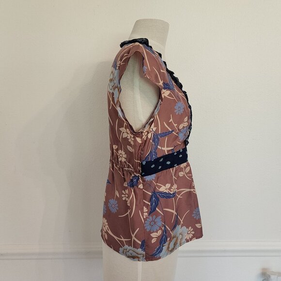 Odille Floral Print Silk Top With Ruffle Trim & Cap Sleeves Size 6 - Picture 5 of 7